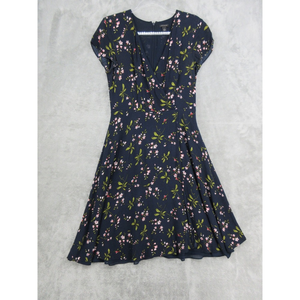 Ann Taylor Dress Womens Size 4 Floral Faux Wrap Feminine Boho Navy Blue Zip